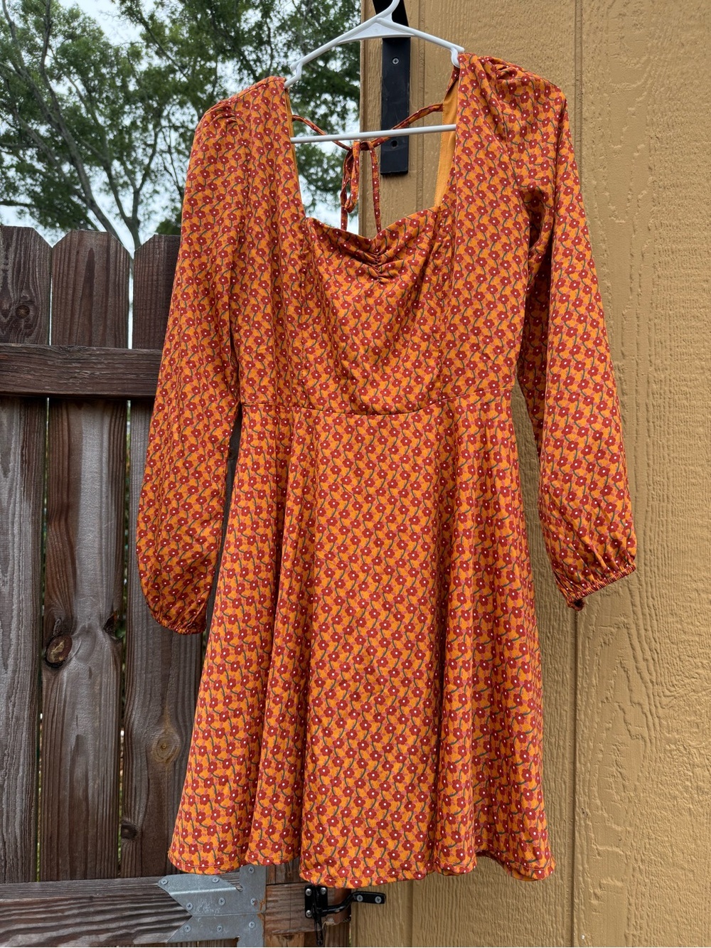 Long Sleeve Rust Floral Midi Dress with Tie Back